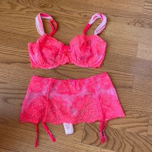Victoria Secret Hot Pink Bra and Garter Set
